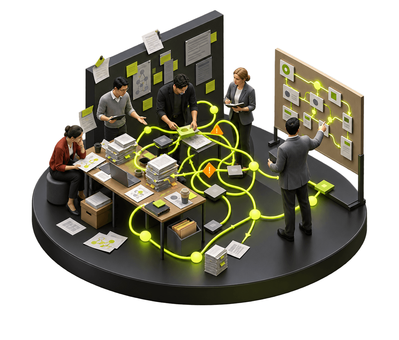 A team makes repeated tasks, blocked handoffs, and decision points visible in one evidence map.